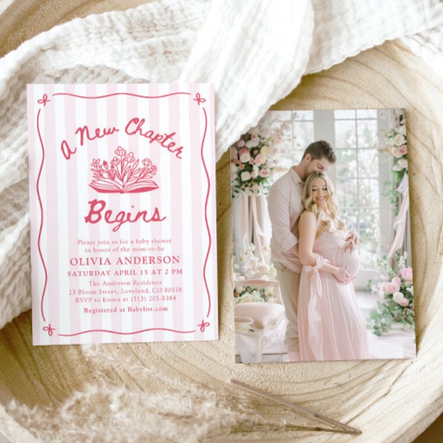 Convites Chuva de Bebê 'Um Novo Capítulo Começa' Desenhado  (Pink Hand Drawn A New Chapter Begins Baby Shower Invitation)