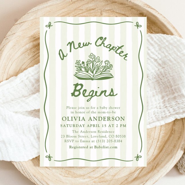 Convites Chuva de Bebê Um Novo Capítulo Começa Mão Desenhad (Green Hand Drawn A New Chapter Begins Baby Shower Invitation)