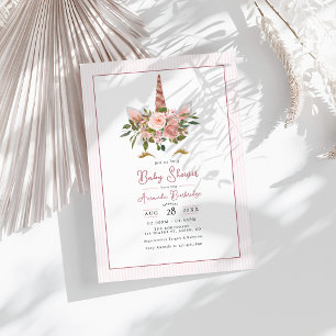 Convites Chuva de Bebê Unicórnio Floral em Rosa Dourado e B