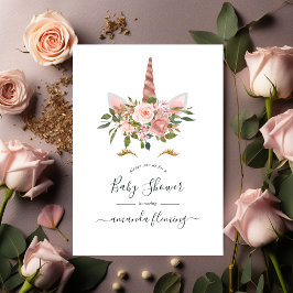 Convites Chuva de Bebê Unicórnio Floral Rosa e Dourado Rose