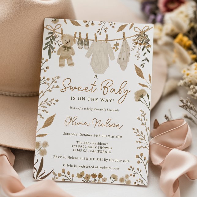 Convites Chuva de Bebê Ursinho de Outono na Corda de Roupas (Fall Teddy Bear Clothesline Baby Shower Invitation)