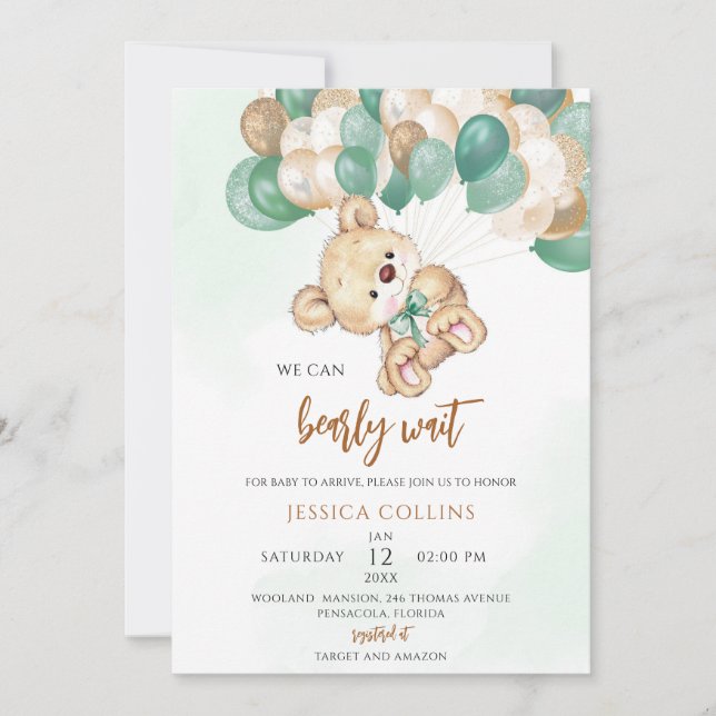 Convites Chuva de Bebê Urso Boho Balões Verdes (Frente)