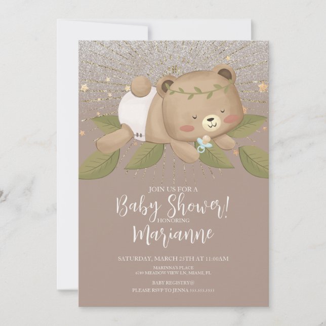 Convites Chuva de Bebê Urso Brilho Boêmio Estrelas Dourado (Frente)