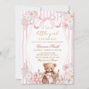Convites Chuva de Bebê Urso com Laço Rosa e Listra Bege Flo