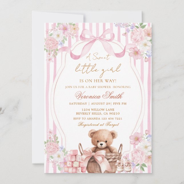 Convites Chuva de Bebê Urso com Laço Rosa e Listra Bege Flo (Frente)