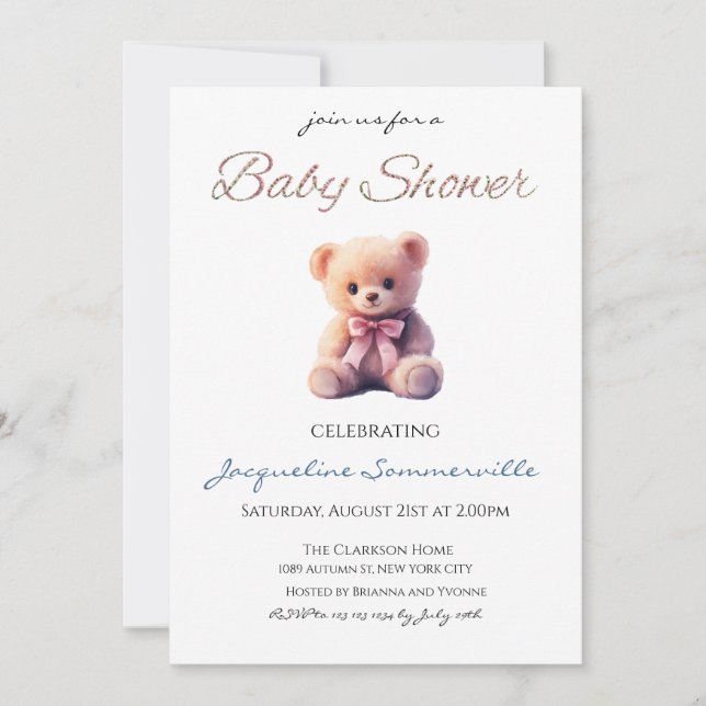 Convites Chuva de Bebê Urso com Laço Rosa É uma Menina (Frente)
