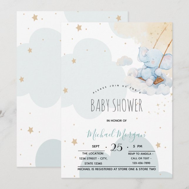 Convites Chuva de Bebê Urso de Pelúcia Azul Estrelas Nuvens (Frente/Verso)
