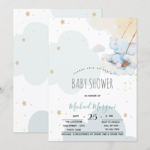 Convites Chuva de Bebê Urso de Pelúcia Azul Estrelas Nuvens