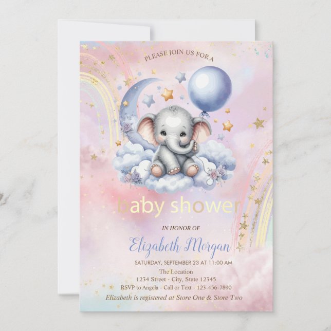 Convites Chuva de Bebê Urso de Pelúcia Lua Arco-Íris (Frente)