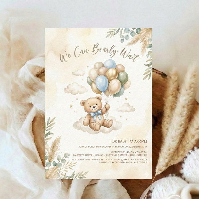 Convites Chuva de Bebê Urso de Pelúcia Marrom e Balões Verd (Criador carregado)