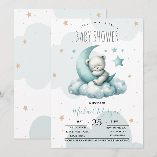 Convites Chuva de Bebê Urso de Pelúcia Verde Nuvens Lua Est (Frente/Verso)