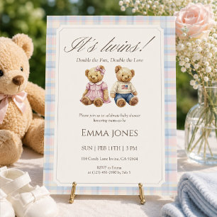 Convites Chuva de Bebê Urso de Pelúcia Xadrez Pastel para G