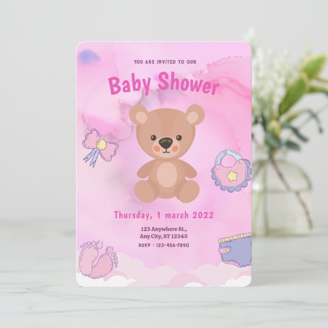 Convites Chuva de Bebê Urso Desenho Animado Rosa  (Em pé/Frente)