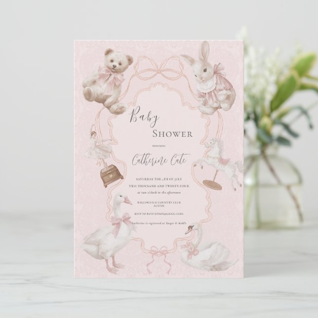Convites Chuva de Bebê Urso Elegante Caprichoso Rosa (Em pé/Frente)