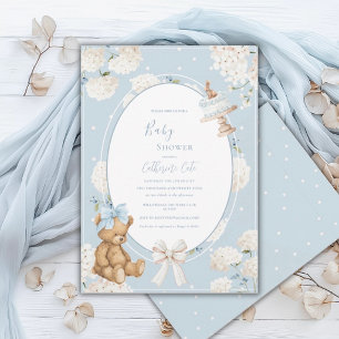Convites Chuva de Bebê Urso Elegante Hortênsia Floral Azul