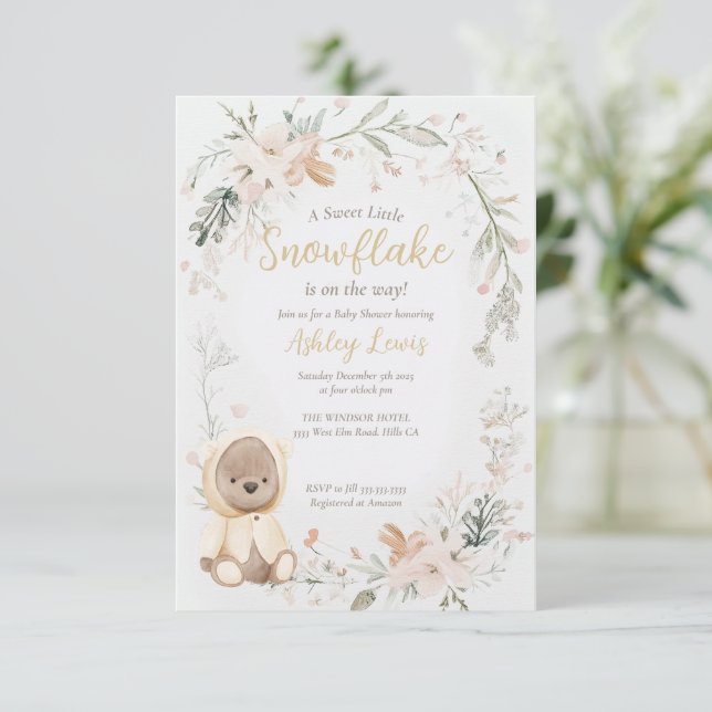 Convites Chuva de bebê urso em aquarela de inverno (Em pé/Frente)