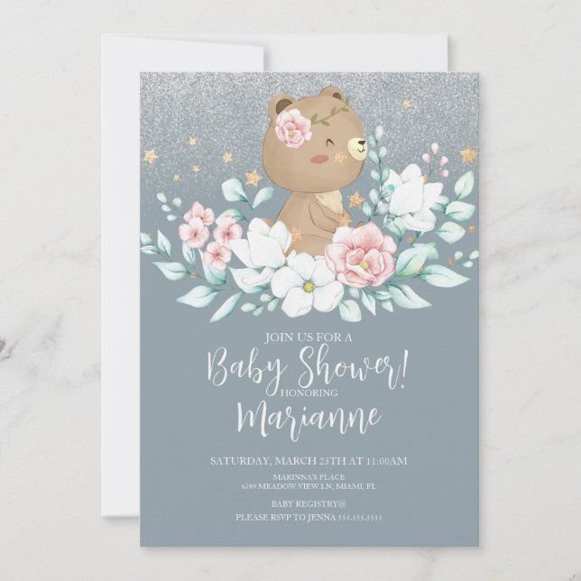 Convites Chuva de Bebê Urso Floral Brilho Rosa Azul Suave (Frente)