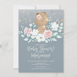 Convites Chuva de Bebê Urso Floral Brilho Rosa Azul Suave
