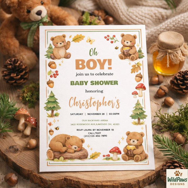 Convites Chuva de Bebê Urso Floresta em Aquarela Menino (Oh Boy Watercolor Woodland Bear Baby Shower Invitation
)