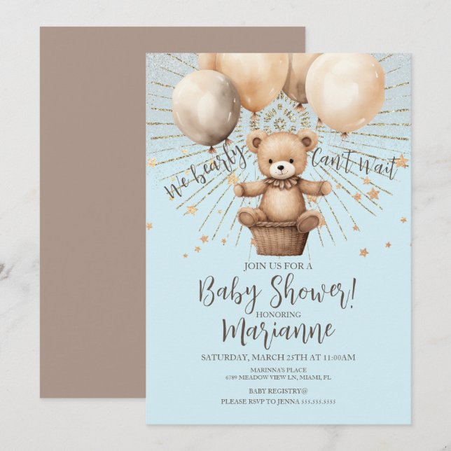 Convites Chuva de Bebê Urso Glitter Boêmio Rústico Azul (Frente/Verso)