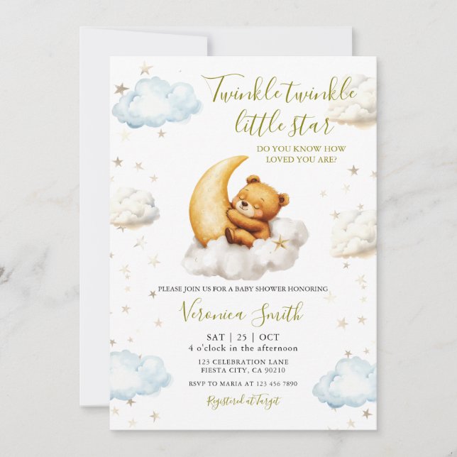 Convites Chuva de Bebê Urso Lua Twinkle Twinkle Little Star (Frente)