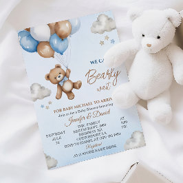 Convites Chuva de Bebê Urso Marrom Azul Brincalhão Céu Nubl