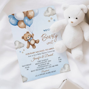 Convites Chuva de Bebê Urso Marrom Azul Brincalhão Céu Nubl