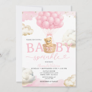 Convites Chuva de Bebê Urso Neutro Rosa Balão Nuvem