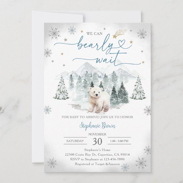 Convites Chuva de Bebê Urso Polar Azul de Inverno (Frente)