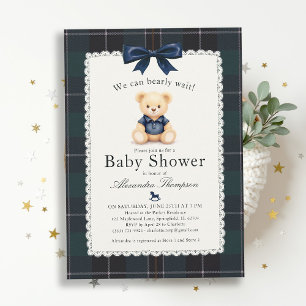 Convites Chuva de Bebê Urso Polo Xadrez Tarta Laço