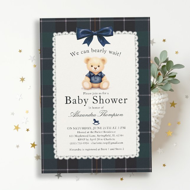 Convites Chuva de Bebê Urso Polo Xadrez Tarta Laço (bearly wait baby shower invitation traditional classic nursery decor teddy bear bow plaid tartan)