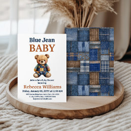 Convites Chuva de Bebê Urso Remendado de Denim Ocidental Az