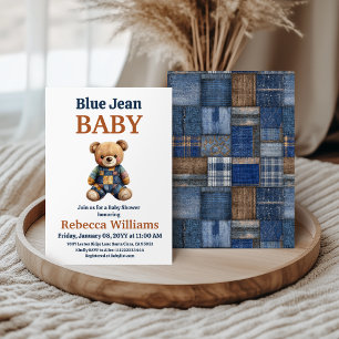 Convites Chuva de Bebê Urso Remendado de Denim Ocidental Az