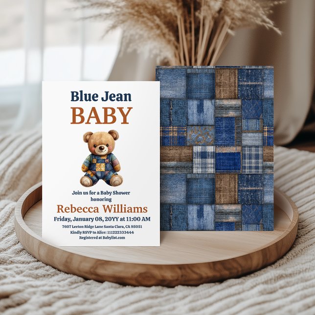 Convites Chuva de Bebê Urso Remendado de Denim Ocidental Az (Criador carregado)