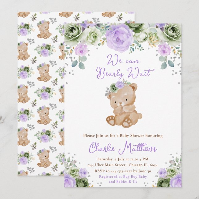 Convites Chuva de Bebê Urso Sage Verde e Roxo (Frente/Verso)