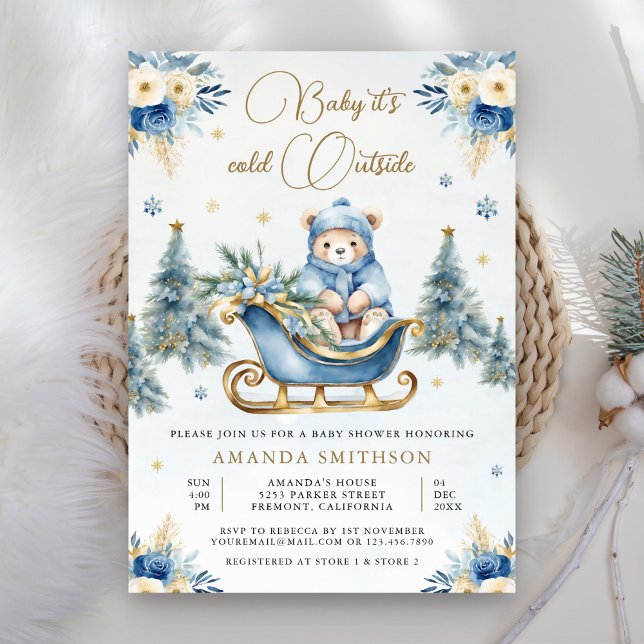 Convites Chuva de Bebê Urso Teddy Floral Dourado Azul de In (Criador carregado)