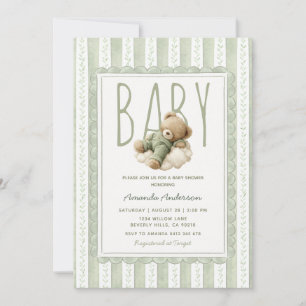 Convites Chuva de Bebê Urso Verde Sage Listra Floral