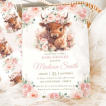 Chuva de Bebê Vaca Highland Fofa Floral Rosa