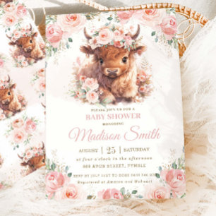 Convites Chuva de Bebê Vaca Highland Fofa Floral Rosa