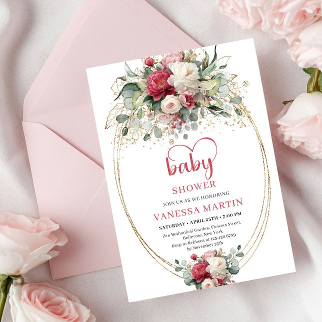 Convites Chuva de Bebê Verde Branco Boêmio Doce Burgundy (Sweet Bohemian Burgundy White Greenery Baby Shower)