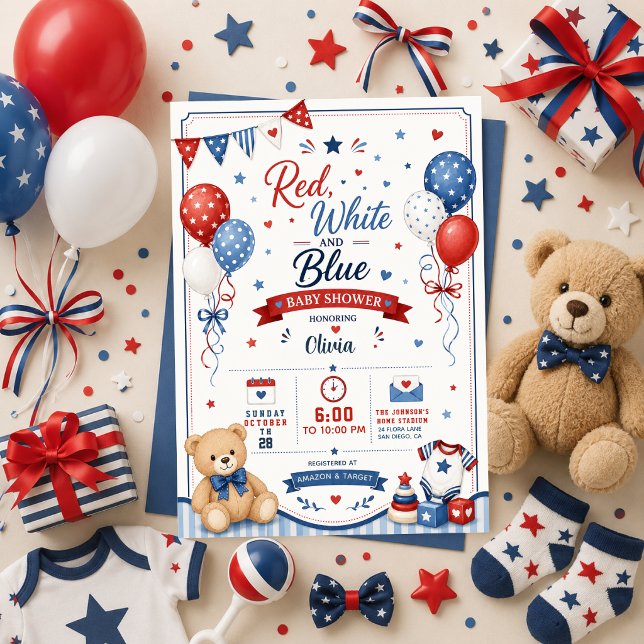 Convites Chuva de Bebê Vermelho Branco Azul Patriota 4 de J (Criador carregado)