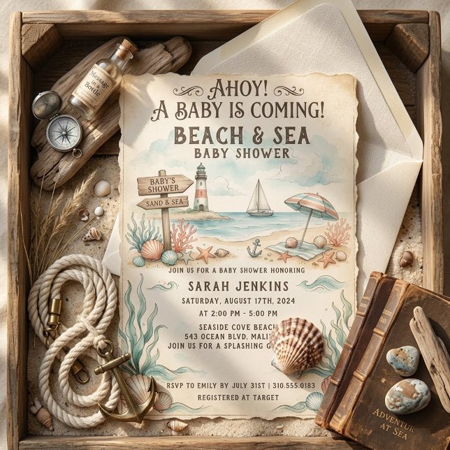 Convites Chuva de Bebê Vintage Praia Marítimo Costa  (Criador carregado)