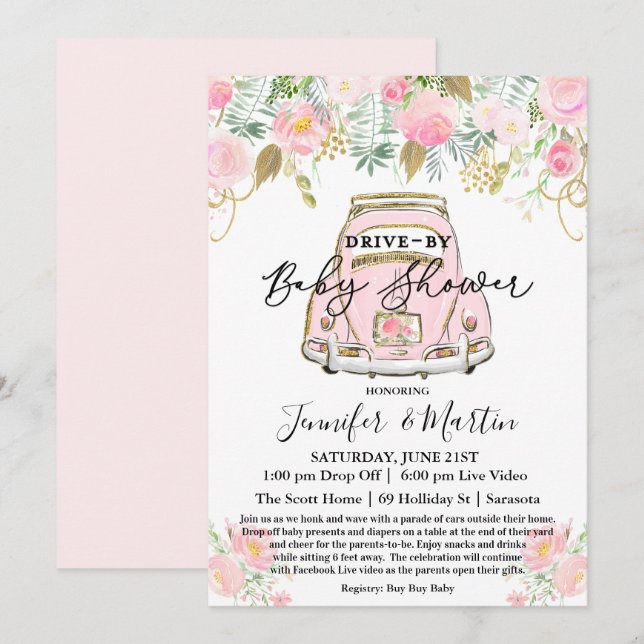 Convites Chuva de Bebê Virtual Drive By Baby Shower (Frente/Verso)