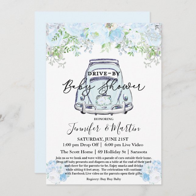 Convites Chuva de Bebê Virtual Drive By Baby Shower (Frente/Verso)