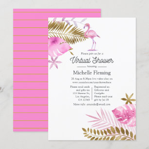 Convites Chuva de Bebê Virtual Flamingo Rosa e Dourado