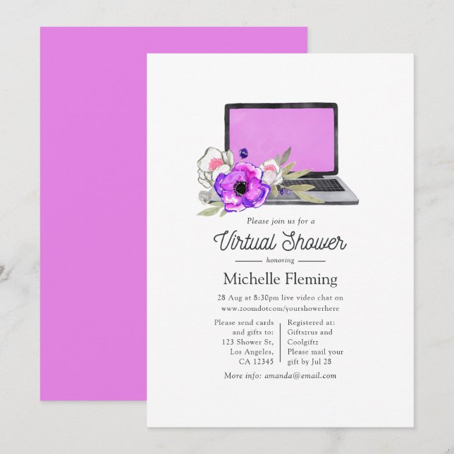 Convites Chuva de Bebê Virtual Floral em Aquarela Rosa Vibr (Frente/Verso)