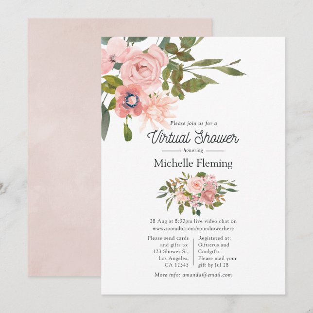 Convites Chuva de Bebê Virtual Floral em Rosa Dourado e Beg (Frente/Verso)