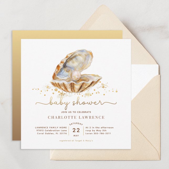 Convites Chuva de Bebê Watercolor Ocean Little Pearl (Watercolor Ocean Little Pearl Baby Shower)