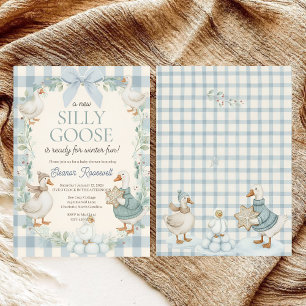 Convites Chuva de Bebê Xadrez Azul Inverno Silly Goose