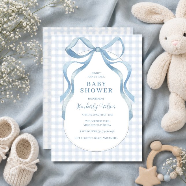 Convites Chuva de Bebê Xadrez com Laço de Fita Azul (Blue Ribbon Bow Gingham Baby Shower Invitation)